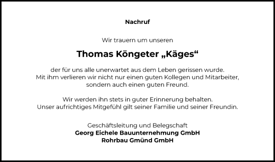 Traueranzeige von Thomas Köngeter von Gmünder Tagespost
