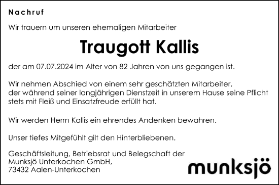 Traueranzeige von Traugott Kallis von Schwäbische Post