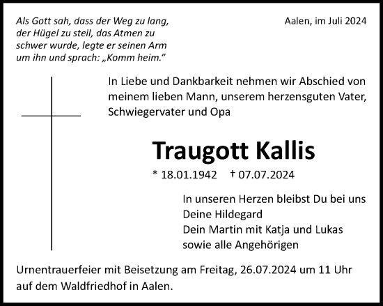 Traueranzeige von Traugott Kallis von Schwäbische Post