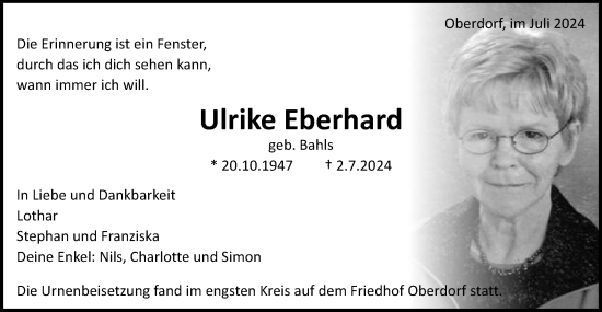 Traueranzeige von Ulrike Eberhard von Schwäbische Post