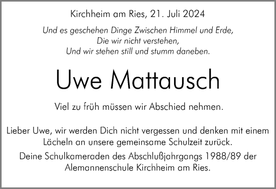 Traueranzeige von Uwe Mattausch von Schwäbische Post