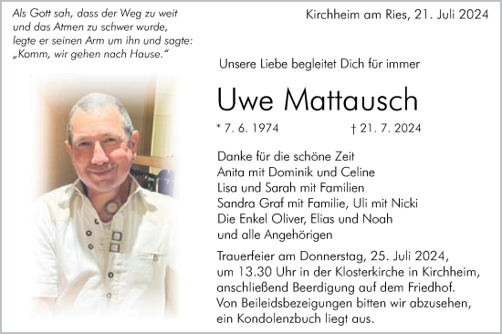 Traueranzeige von Uwe Mattausch von Schwäbische Post