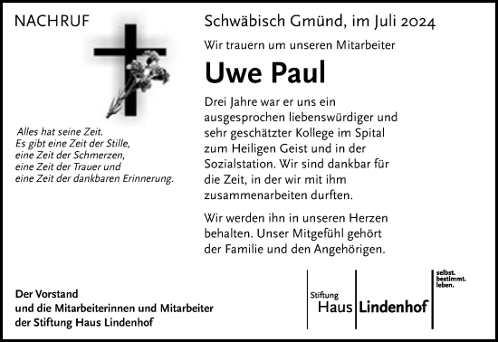 Traueranzeige von Uwe Paul von Gmünder Tagespost