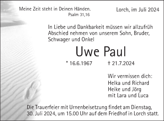 Traueranzeige von Uwe Paul von Gmünder Tagespost