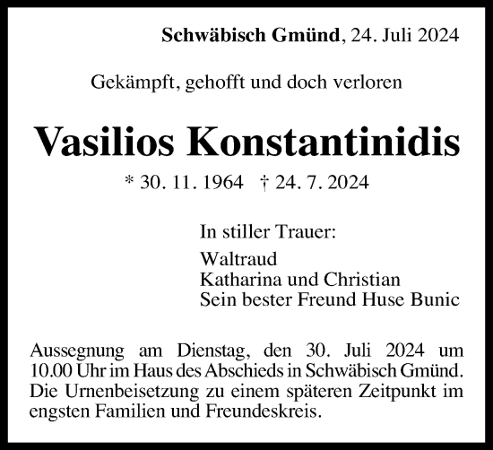 Traueranzeige von Vasilios Konstantinidis von Gmünder Tagespost