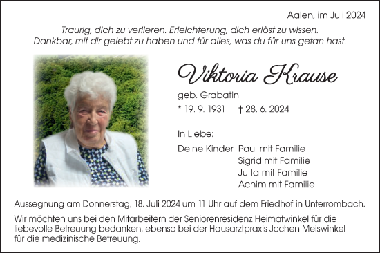 Traueranzeige von Viktoria Krause von Schwäbische Post