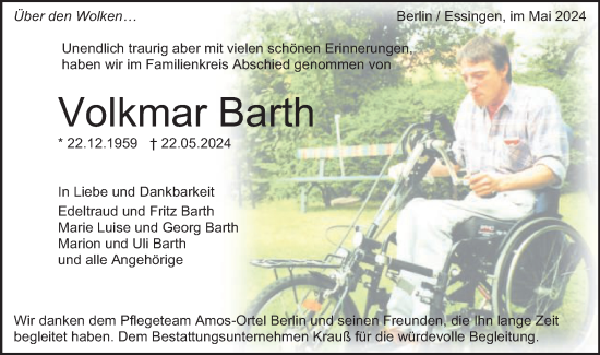 Traueranzeige von Volkmar Barth von Schwäbische Post