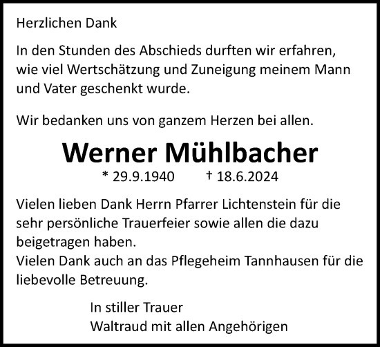 Traueranzeige von Werner Mühlbacher von Schwäbische Post