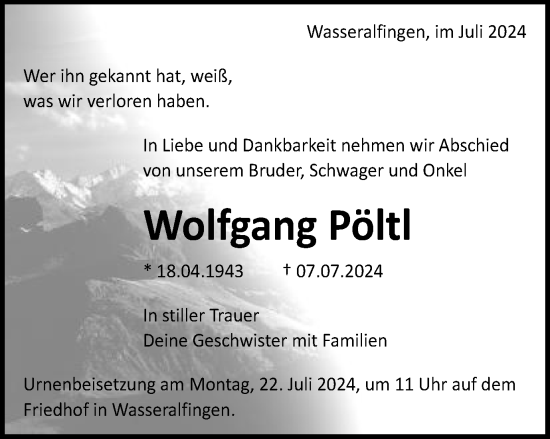 Traueranzeige von Wolfgang Pöltl von Schwäbische Post