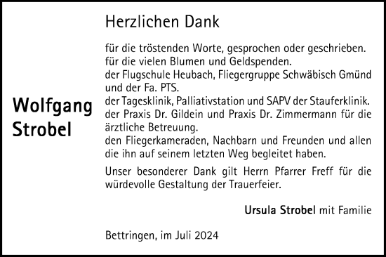 Traueranzeige von Wolfgang Strobel von Gmünder Tagespost