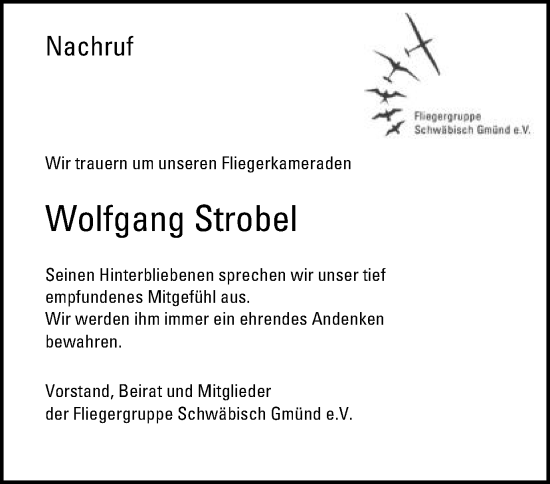 Traueranzeige von Wolfgang Strobel von Gmünder Tagespost