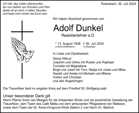 Traueranzeige von Adolf Dunkel von Schwäbische Post