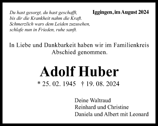 Traueranzeige von Adolf Huber von Gmünder Tagespost