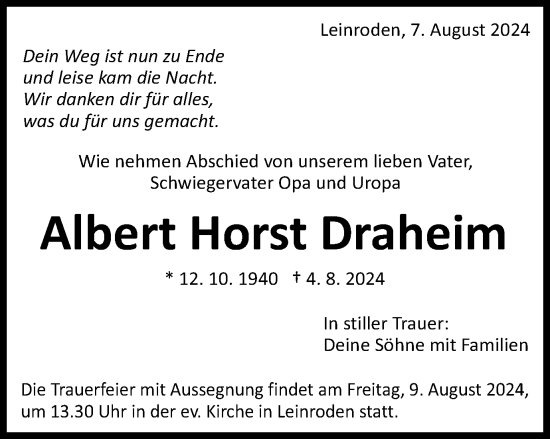 Traueranzeige von Albert Horst Draheim von Schwäbische Post