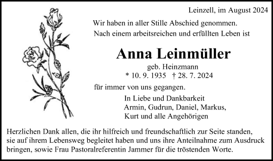 Traueranzeige von Anna Leinmüller von Gmünder Tagespost