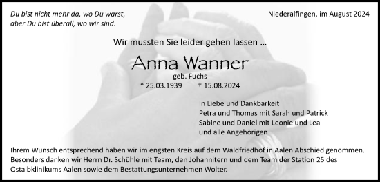 Traueranzeige von Anna Wanner von Schwäbische Post
