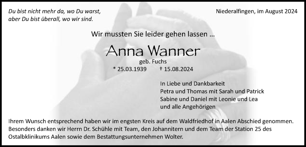  Traueranzeige für Anna Wanner vom 31.08.2024 aus Schwäbische Post
