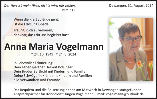 Traueranzeige von Anna Maria Vogelmann von Schwäbische Post