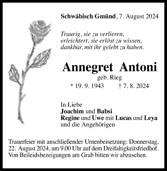 Traueranzeige von Annegret Antoni von Gmünder Tagespost