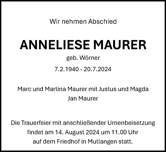 Traueranzeige von Anneliese Maurer von Gmünder Tagespost