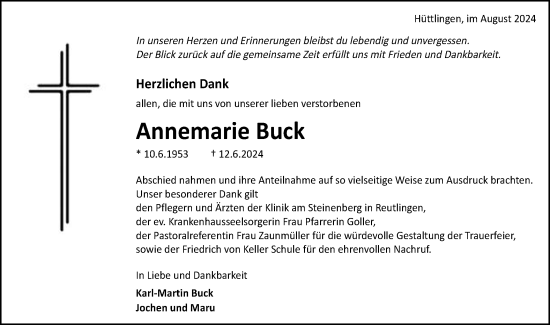 Traueranzeige von Annemarie Buck von Schwäbische Post