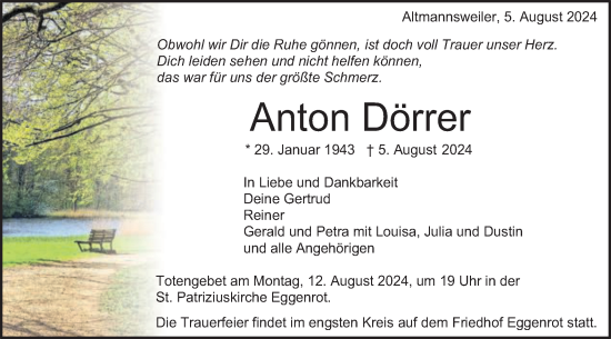 Traueranzeige von Anton Dörrer von Schwäbische Post