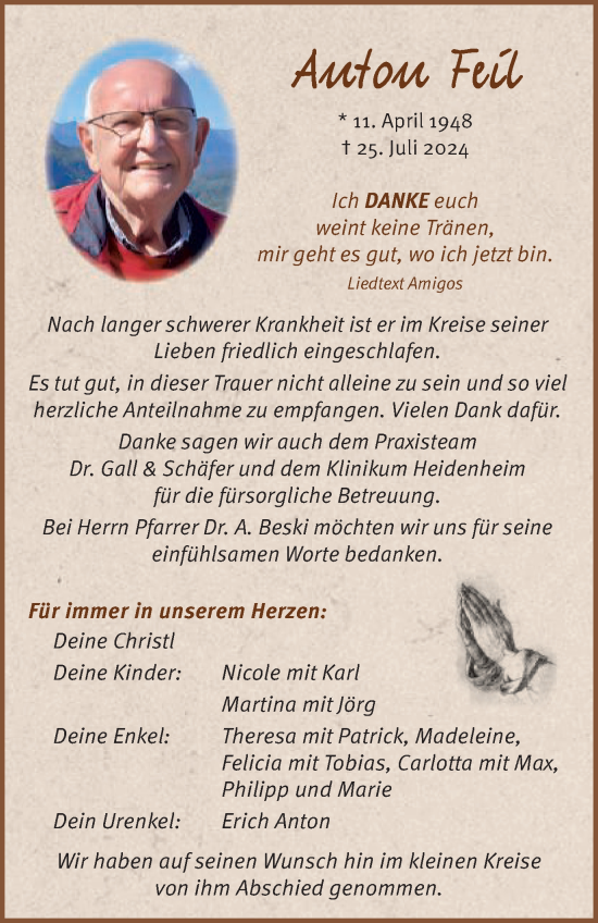 Traueranzeige von Anton Feil von Schwäbische Post