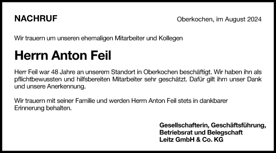 Traueranzeige von Anton Feil von Schwäbische Post