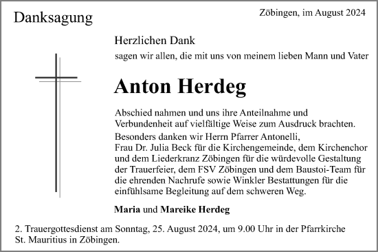 Traueranzeige von Anton Herdeg von Schwäbische Post