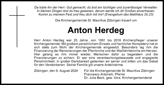 Traueranzeige von Anton Herdeg von Schwäbische Post