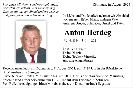 Traueranzeige von Anton Herdeg von Schwäbische Post