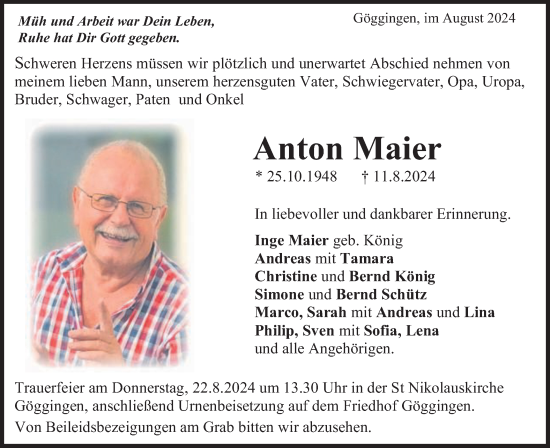 Traueranzeige von Anton Maier von Gmünder Tagespost
