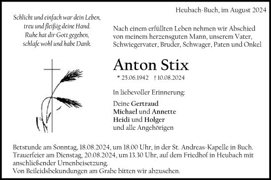 Traueranzeige von Anton Stix von Gmünder Tagespost