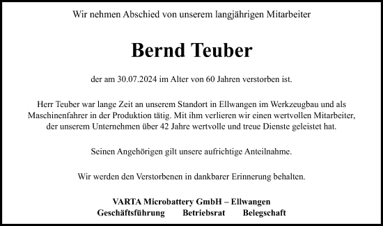 Traueranzeige von Bernd Teuber von Schwäbische Post