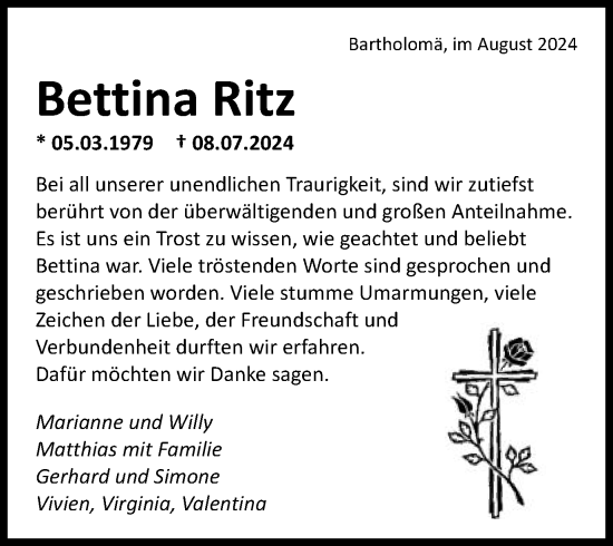 Traueranzeige von Bettina Ritz von Gmünder Tagespost