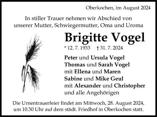 Traueranzeige von Brigitte Vogel von Schwäbische Post