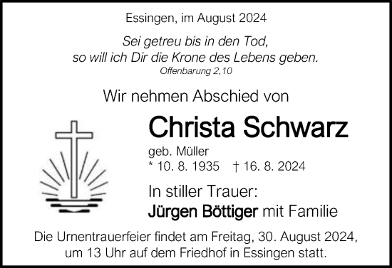 Traueranzeige von Christa Schwarz von Schwäbische Post