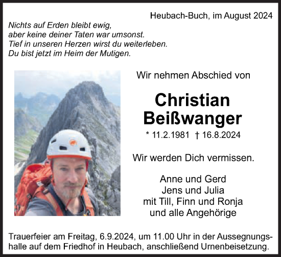 Traueranzeige von Christian Beißwanger von Gmünder Tagespost