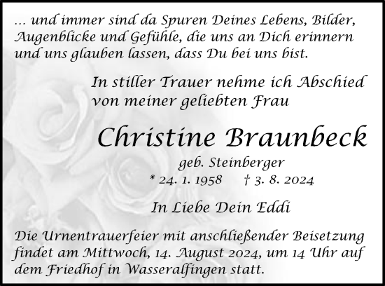 Traueranzeige von Christine Braunbeck von Schwäbische Post