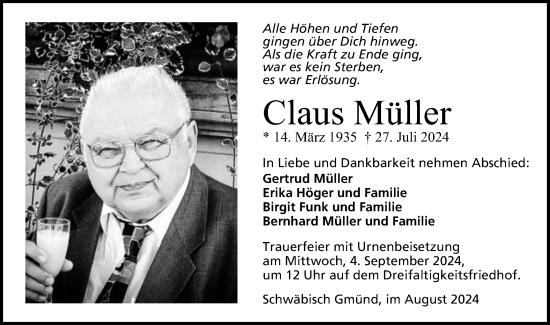 Traueranzeige von Claus Müller von Gmünder Tagespost