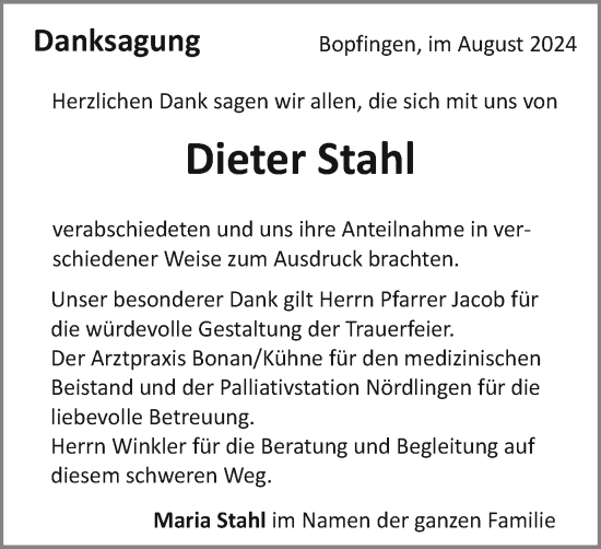 Traueranzeige von Dieter Stahl von Schwäbische Post