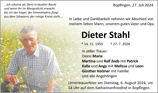 Traueranzeige von Dieter Stahl von Schwäbische Post