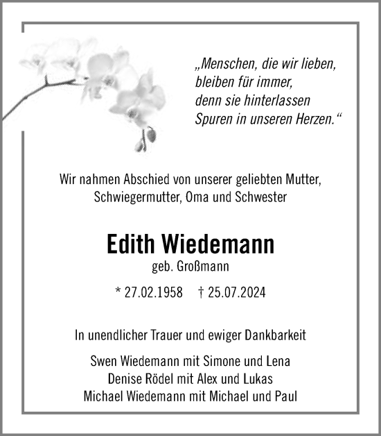 Traueranzeige von Edith Wiedemann von Schwäbische Post