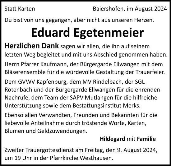 Traueranzeige von Eduard Egetenmeier von Schwäbische Post