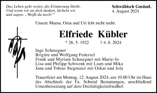 Traueranzeige von Elfriede Kübler von Gmünder Tagespost