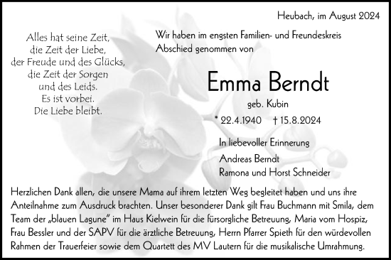 Traueranzeige von Emma Berndt von Gmünder Tagespost