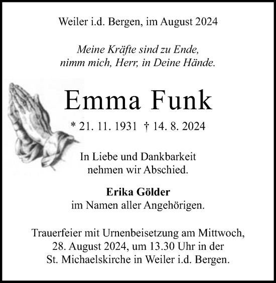 Traueranzeige von Emma Funk von Gmünder Tagespost