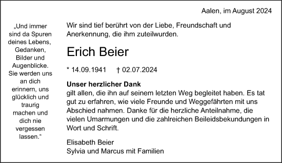 Traueranzeige von Erich Beier von Schwäbische Post
