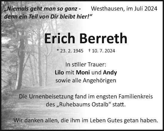 Traueranzeige von Erich Berreth von Schwäbische Post