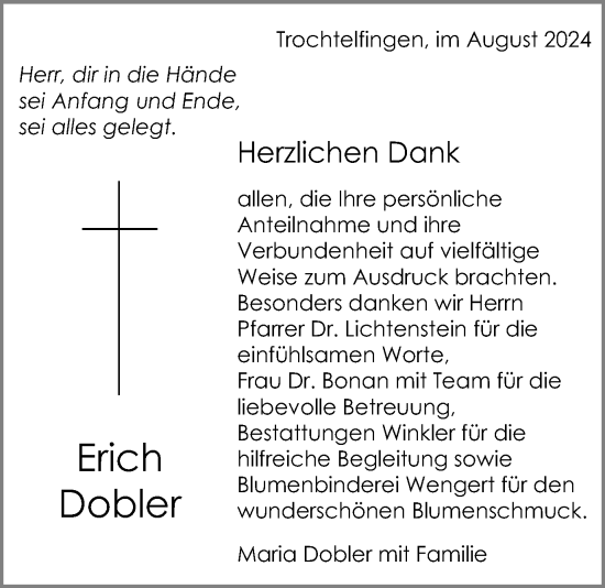 Traueranzeige von Erich Dobler von Schwäbische Post